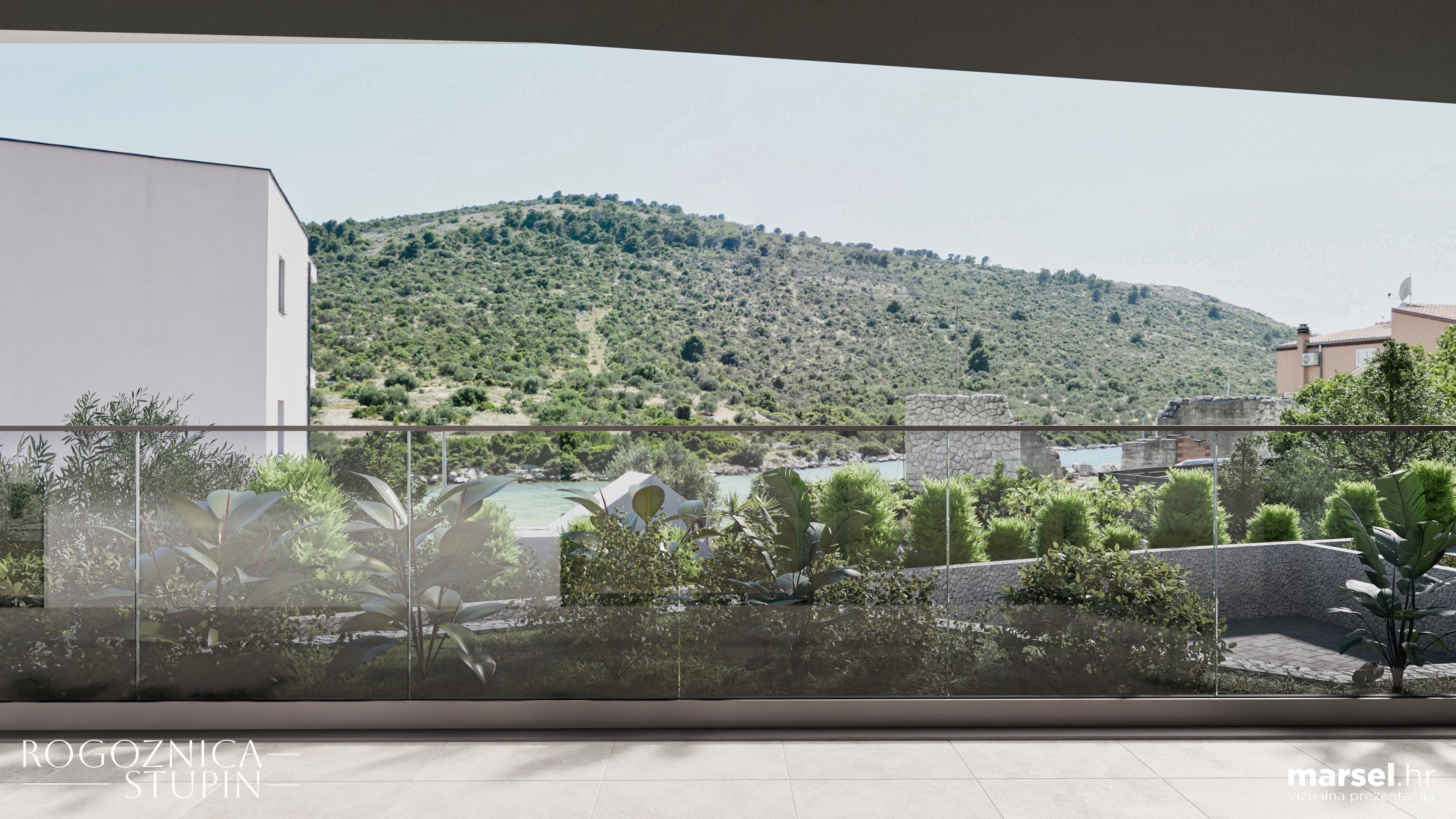 Vizualizacija interijera apartmana u novogradnji Rogoznica Stupin. Prostrani i svijetli unutarnji prostori s pogledom na more, idealni za stanovanje ili investiranje u apartman na dalmatinskoj obali.